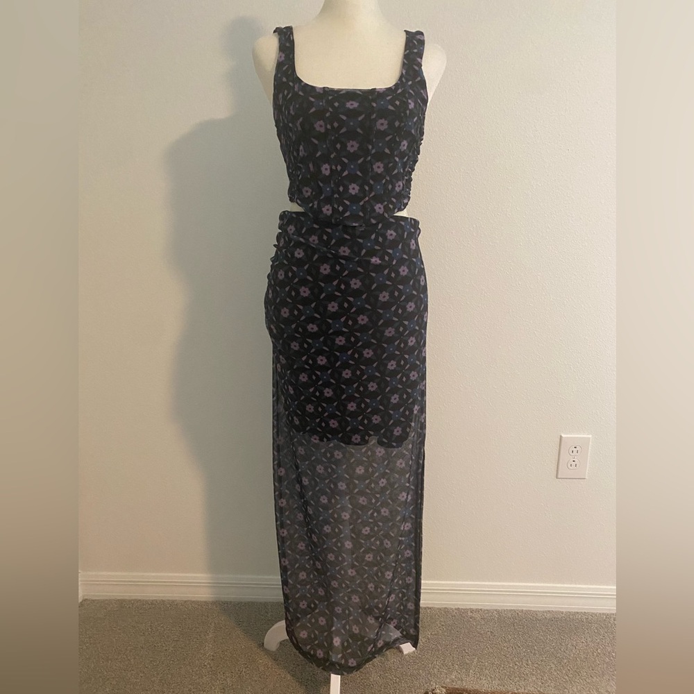 Free People Blue and Purple Floral Maxi Pencil Skirt Set Size Small